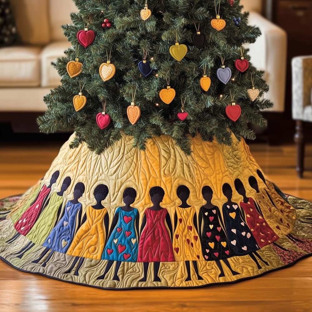 Quilted Gold Backdrop Christmas Tree Skirt With Women In Dresses — Custom Luxury Holiday Skirt, Personalization Options & Handmade Quality