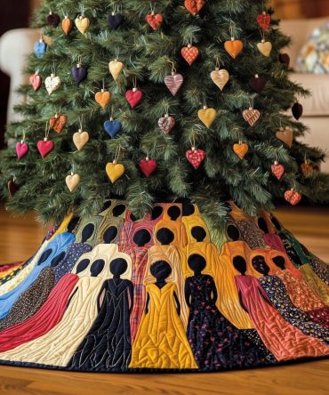 Luxury Custom Christmas Tree Skirt Featuring Women In Gowns & Heart Ornaments — Custom Sizes, Personalization, Handmade Holiday Decor
