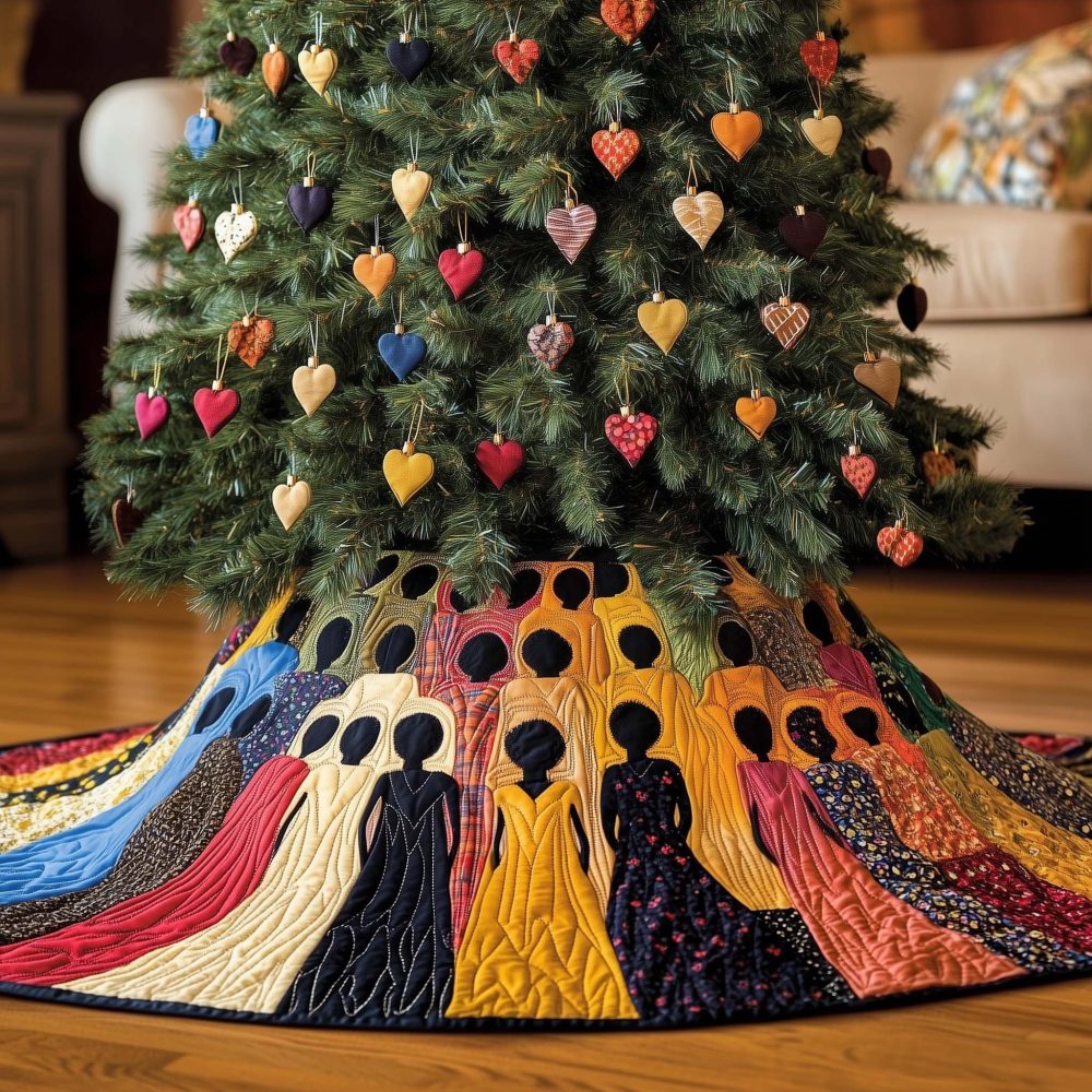 Luxury Custom Christmas Tree Skirt Featuring Women In Gowns & Heart Ornaments — Custom Sizes, Personalization, Handmade Holiday Decor