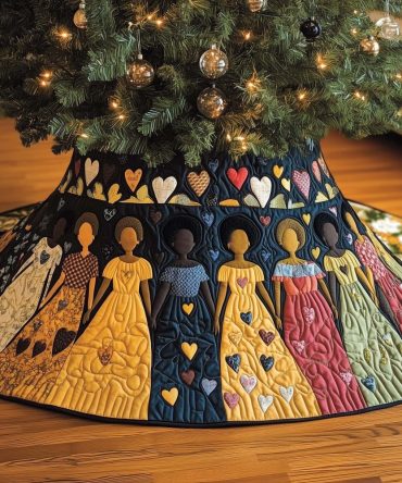 Golden Gowns With Heart Trim Tree Skirt — Made-To-Order Luxe Holiday Skirt In Warm Golds, Custom Sizing Available