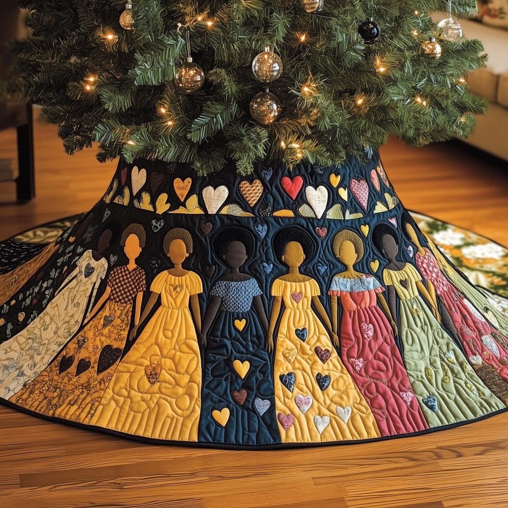 Golden Gowns With Heart Trim Tree Skirt — Made-To-Order Luxe Holiday Skirt In Warm Golds, Custom Sizing Available