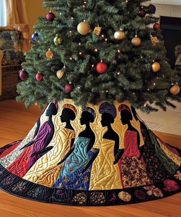 Colorful Gowns On Navy Border Tree Skirt — Made-To-Order Vibrant Holiday Skirt With Rich Navy Trim, Customizable