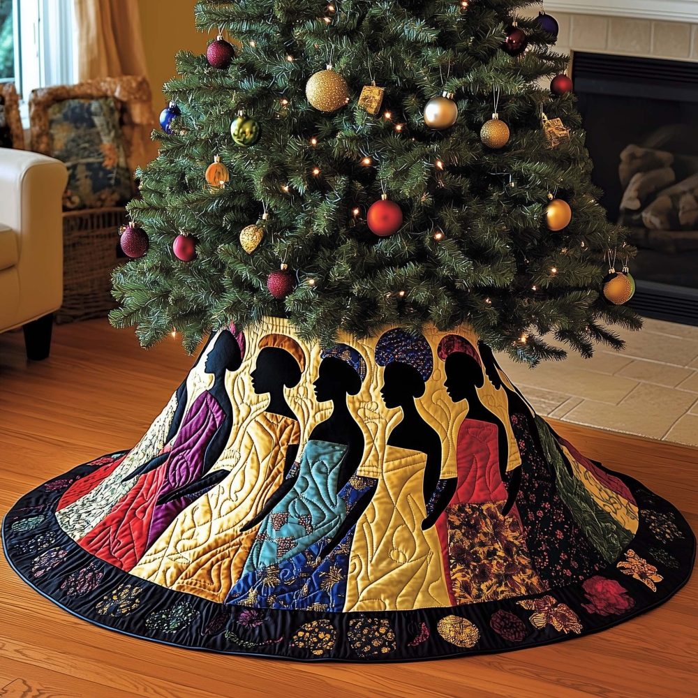 Colorful Gowns On Navy Border Tree Skirt — Made-To-Order Vibrant Holiday Skirt With Rich Navy Trim, Customizable