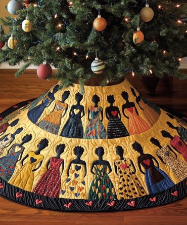 Golden Yellow Gown Motif Tree Skirt With Heart Band — Made-To-Order Warm Holiday Accent, Custom Sizes Offered