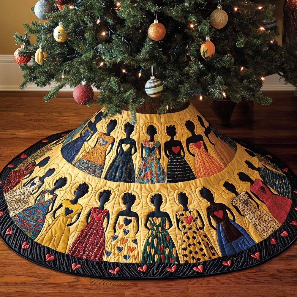 Golden Yellow Gown Motif Tree Skirt With Heart Band — Made-To-Order Warm Holiday Accent, Custom Sizes Offered