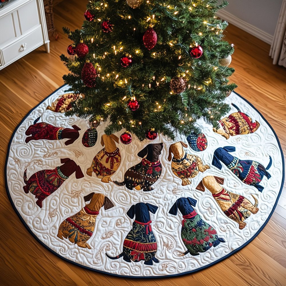 Dachshund Parade In Cozy Sweaters Christmas Tree Skirt — Custom Made Holiday Décor, Perfect Gift For Sausage Dog Fans