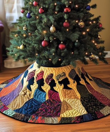 Silhouette Women On Golden Field Tree Skirt — Made-To-Order Elegant Holiday Accent With Subtle Gold Tones, Custom Fit