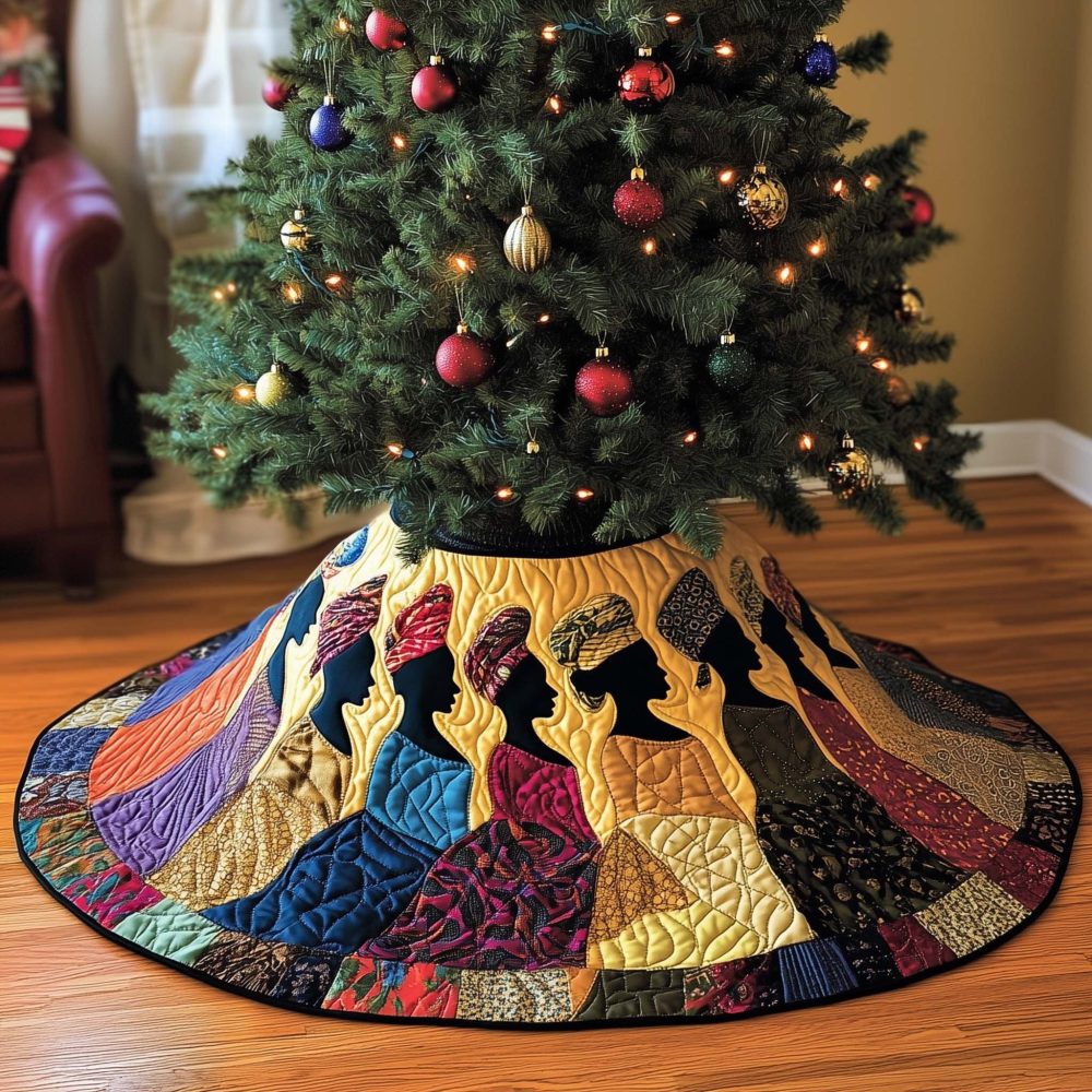 Silhouette Women On Golden Field Tree Skirt — Made-To-Order Elegant Holiday Accent With Subtle Gold Tones, Custom Fit
