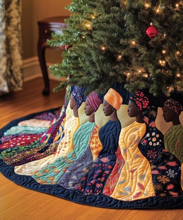 Headwrap & Patterned Dress Women Tree Skirt — Made-To-Order Cultural Holiday Décor With Bold Textile Prints, Custom Fit