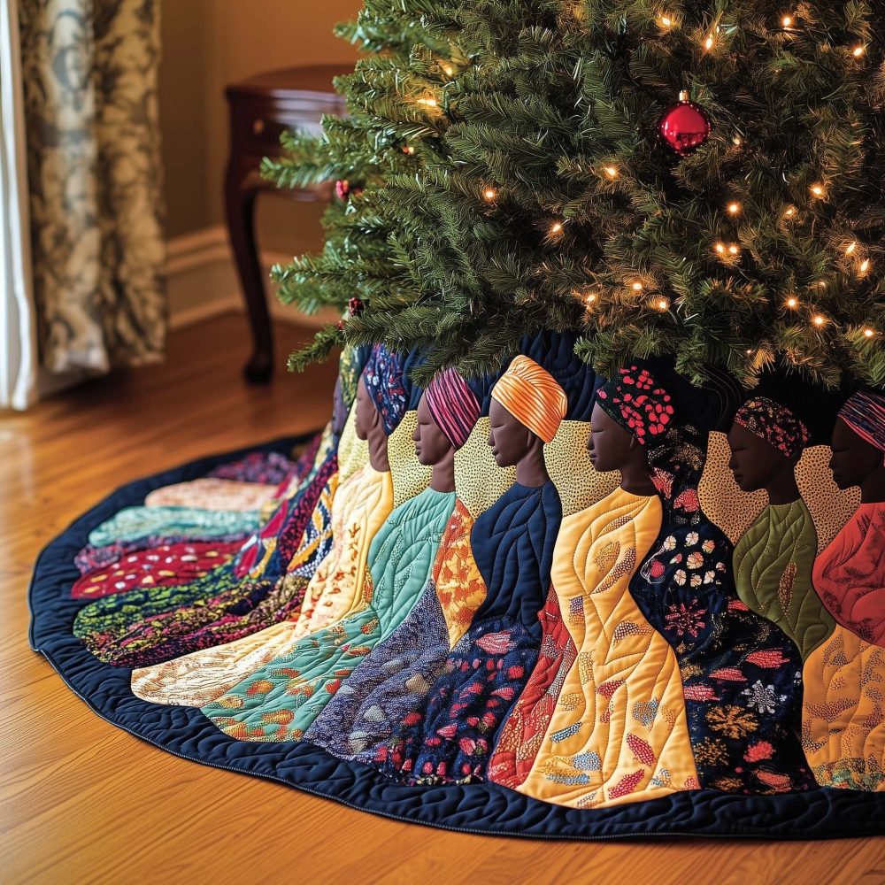 Headwrap & Patterned Dress Women Tree Skirt — Made-To-Order Cultural Holiday Décor With Bold Textile Prints, Custom Fit