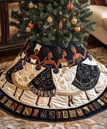 Black & White Dancing Women Tree Skirt — Made-To-Order Elegant Monochrome Holiday Accent, Custom Fit Available
