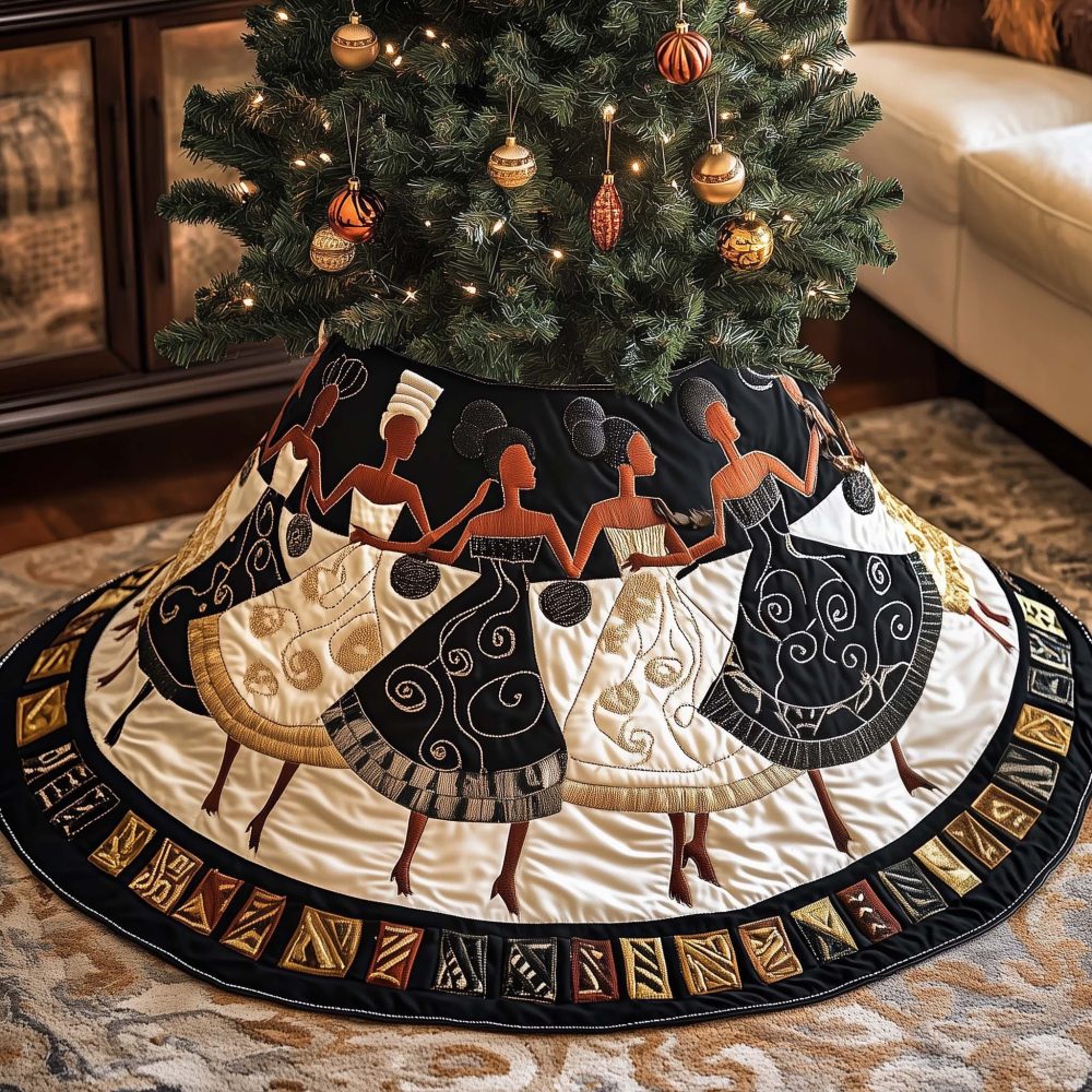 Black & White Dancing Women Tree Skirt — Made-To-Order Elegant Monochrome Holiday Accent, Custom Fit Available