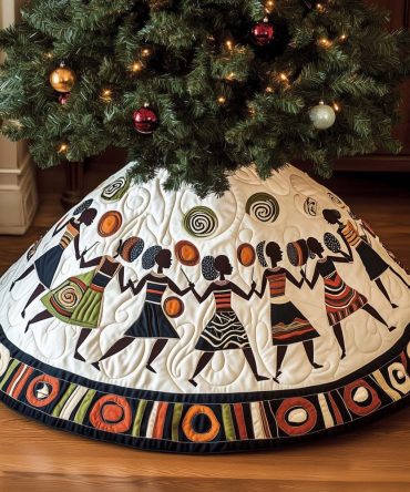 Bold Circle Border African Dancers Christmas Tree Skirt — Made-To-Order Statement Holiday Décor, Custom Fit