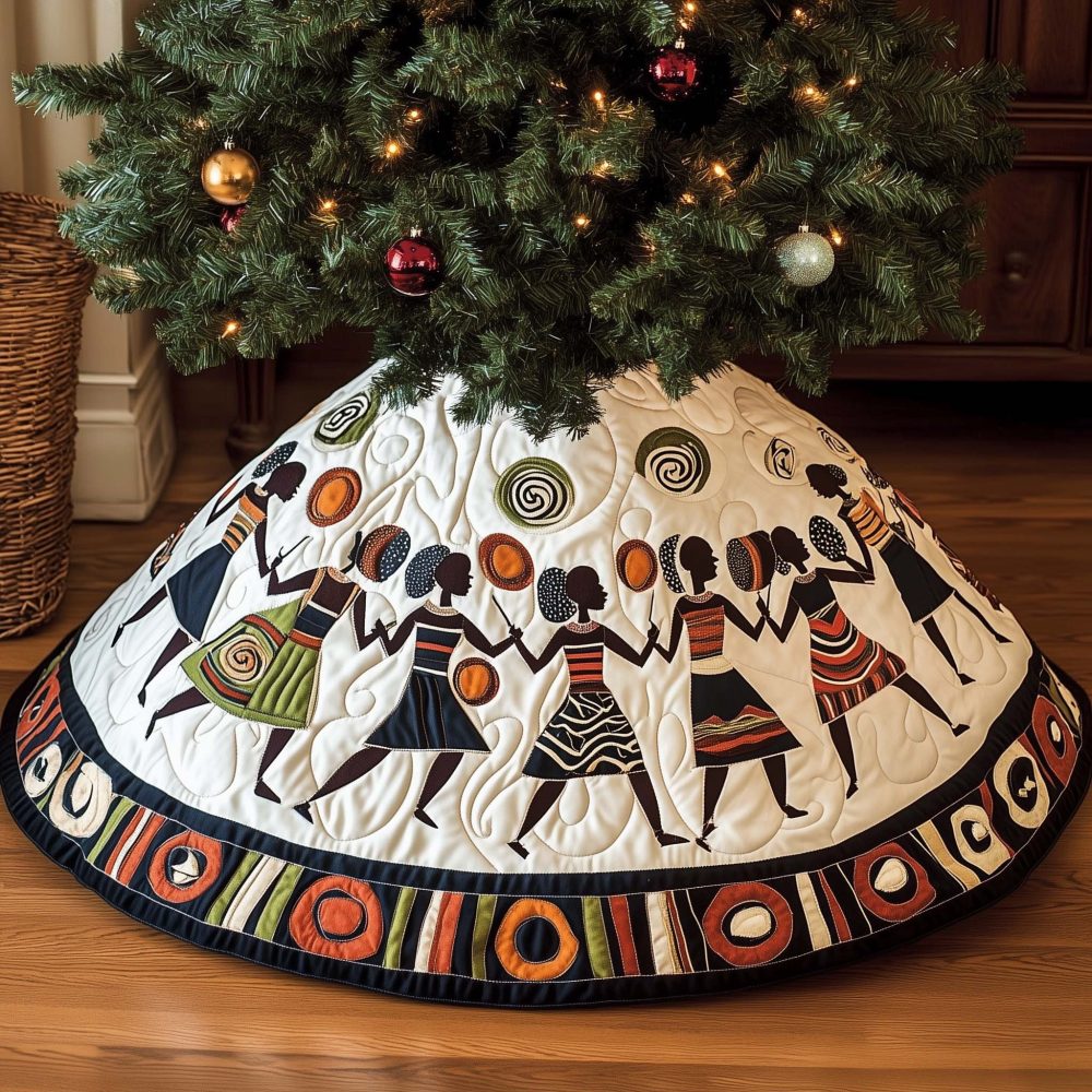 Bold Circle Border African Dancers Christmas Tree Skirt — Made-To-Order Statement Holiday Décor, Custom Fit