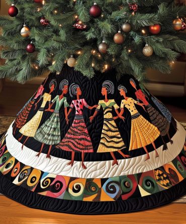 Colorful Dresses On Black Tree Skirt — Made-To-Order Festive Holiday Skirt With Vibrant Dance Motifs, Customizable