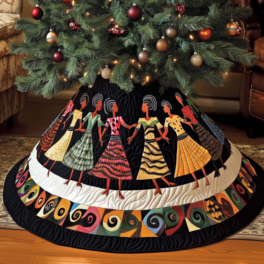 Colorful Dresses On Black Tree Skirt — Made-To-Order Festive Holiday Skirt With Vibrant Dance Motifs, Customizable