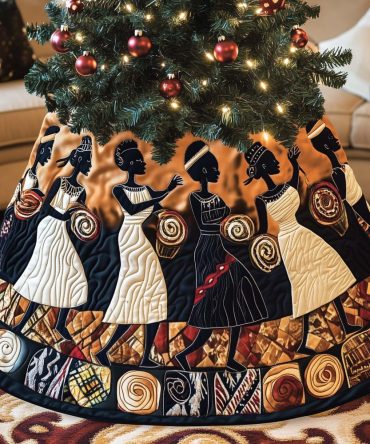 Patchwork Band African Dancers Tree Skirt — Made-To-Order Handcrafted Holiday Skirt With Stylized Dance Motifs