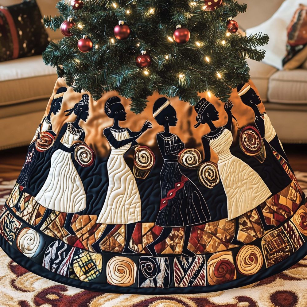 Patchwork Band African Dancers Tree Skirt — Made-To-Order Handcrafted Holiday Skirt With Stylized Dance Motifs