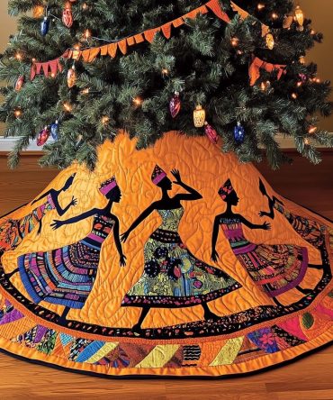 Vibrant African Dancers Orange Patchwork Tree Skirt — Made-To-Order Cultural Holiday Décor, Custom Sizing Available