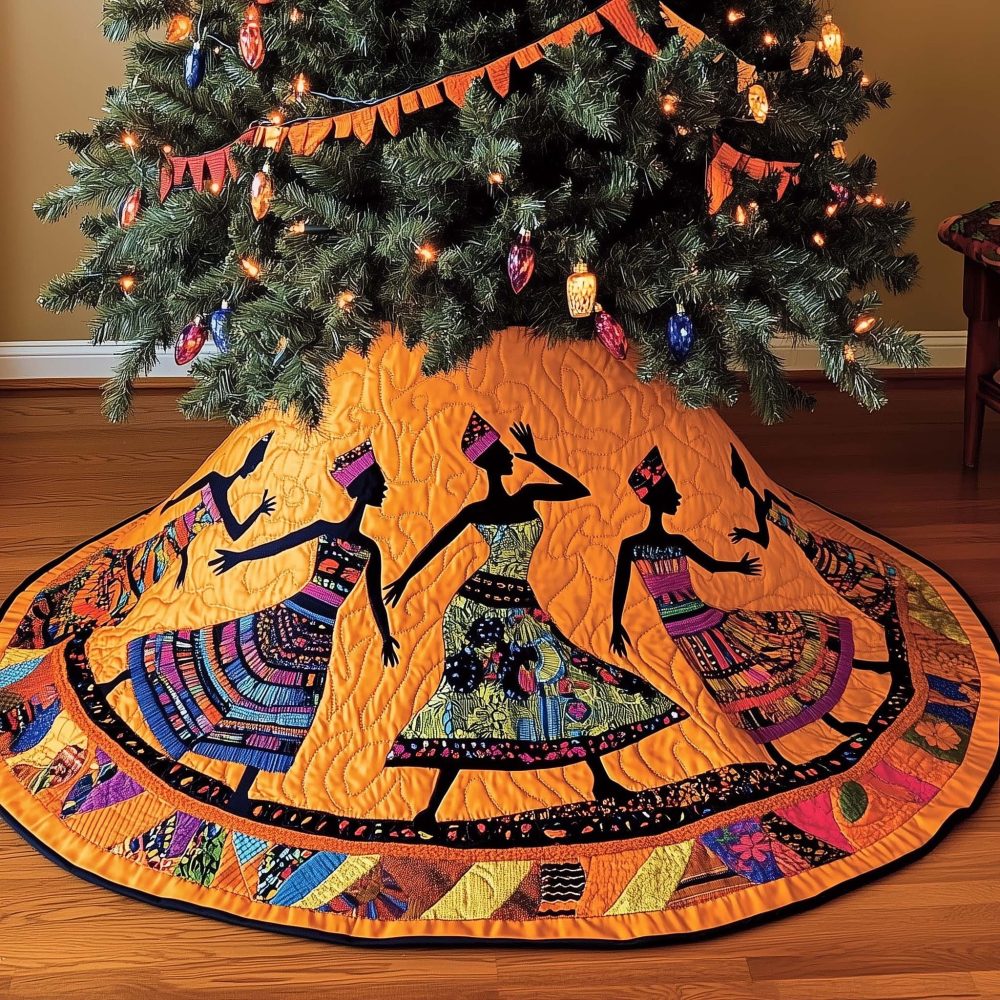 Vibrant African Dancers Orange Patchwork Tree Skirt — Made-To-Order Cultural Holiday Décor, Custom Sizing Available