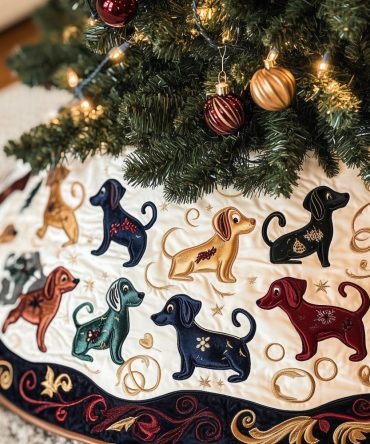 White Christmas Tree Skirt With Dachshunds & Navy Border — Premium Custom Holiday Skirt For Dog Lovers, Made-To-Order