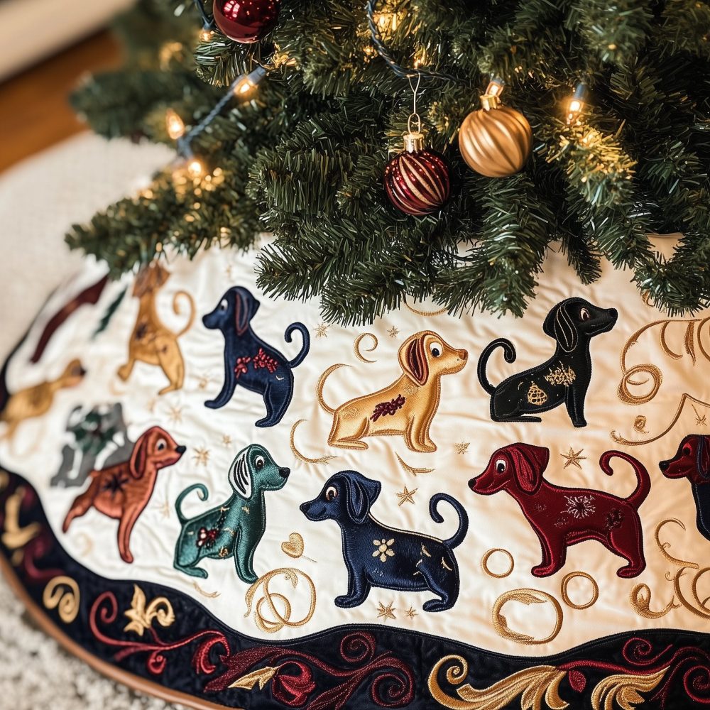 White Christmas Tree Skirt With Dachshunds & Navy Border — Premium Custom Holiday Skirt For Dog Lovers, Made-To-Order