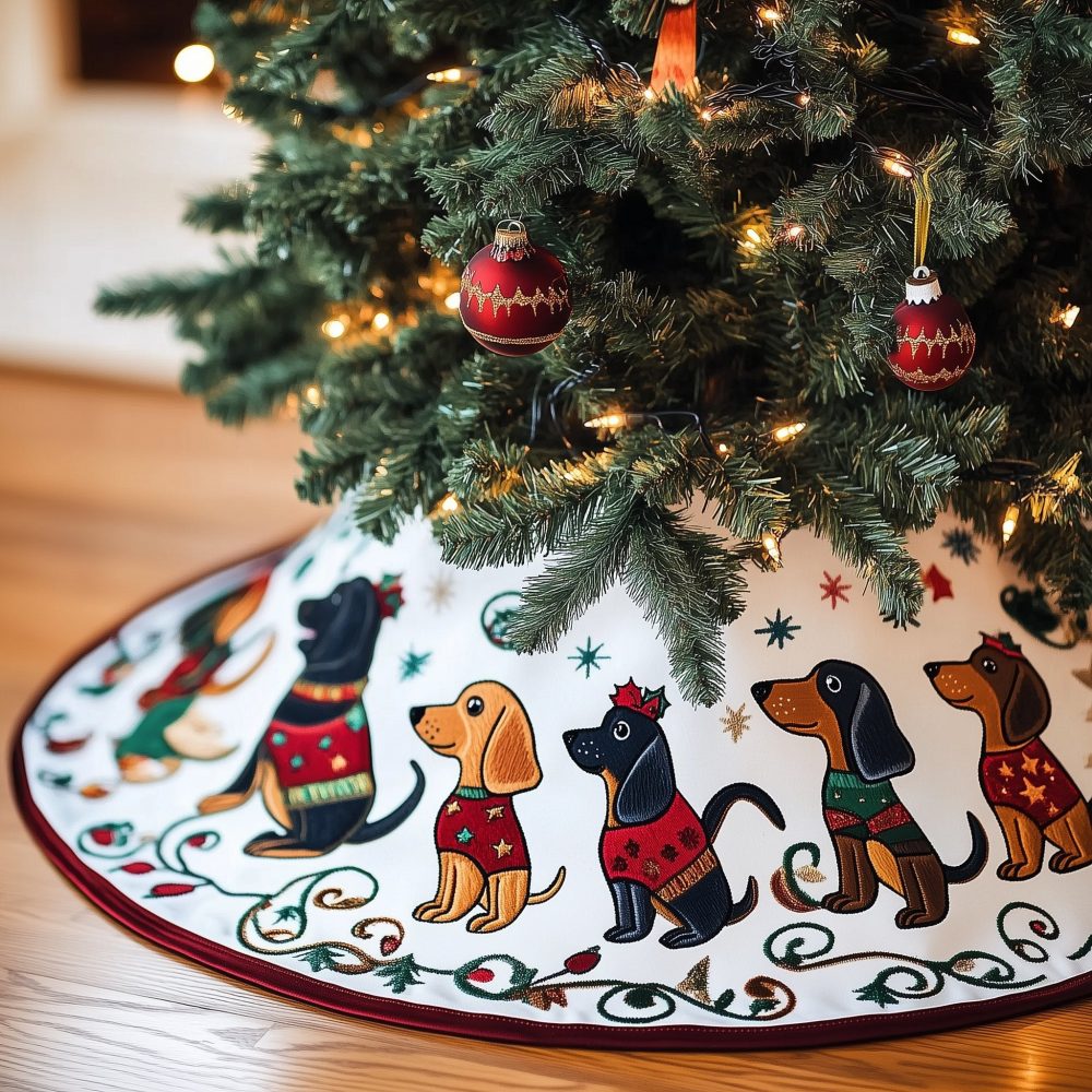 Playful Dachshunds In Costumes Christmas Tree Skirt With Red Rim — Custom Made Holiday Dog Skirt, Personalized Gift