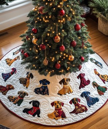 Ivory Christmas Tree Skirt With Tiny Patterned Dachshunds — Custom Made Holiday Skirt, Elegant Dog Lover Gift