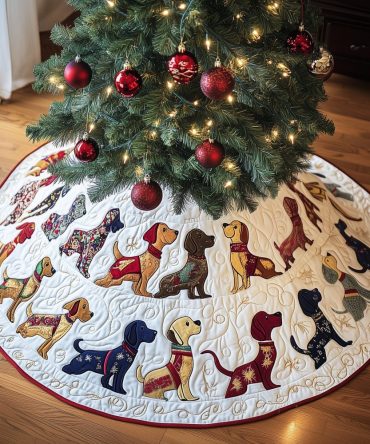 Patterned Dachshund Rows Christmas Tree Skirt On White — Custom Dog-Themed Holiday Skirt, Made-To-Order Décor