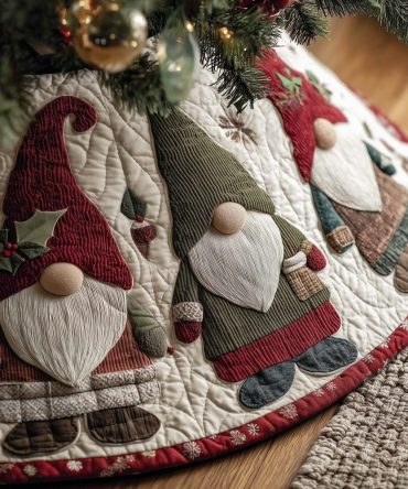 Cream & Red Trim Gnome Christmas Tree Skirt — Made-To-Order Classic Holiday Décor, Custom Fit For Any Tree