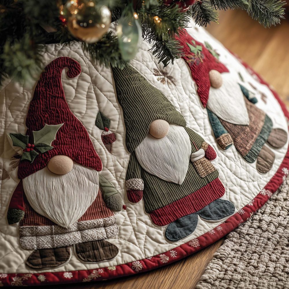 Cream & Red Trim Gnome Christmas Tree Skirt — Made-To-Order Classic Holiday Décor, Custom Fit For Any Tree