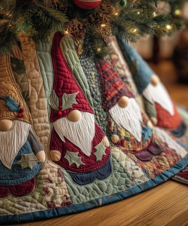 Green Leaf Motif Gnome Christmas Tree Skirt — Made-To-Order Eco-Inspired Holiday Skirt, Custom Sizes Offered