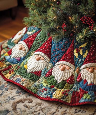 Handcrafted Gnome Patchwork Christmas Tree Skirt In Red & Blue — Made-To-Order Holiday Accent, Custom Sizes Available