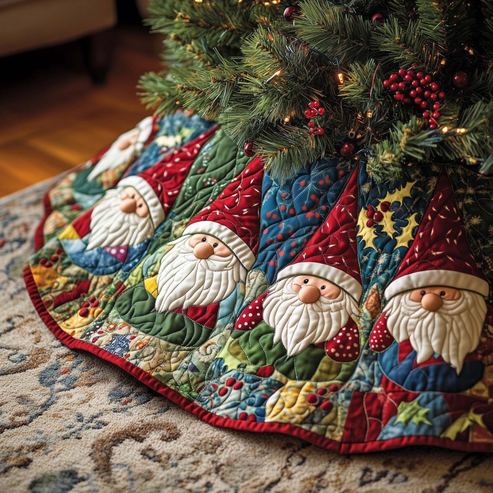 Handcrafted Gnome Patchwork Christmas Tree Skirt In Red & Blue — Made-To-Order Holiday Accent, Custom Sizes Available
