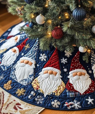 Navy Gnome Christmas Tree Skirt With Snowflake Pattern, Handcrafted Holiday Tree Mat, Custom Made To Order