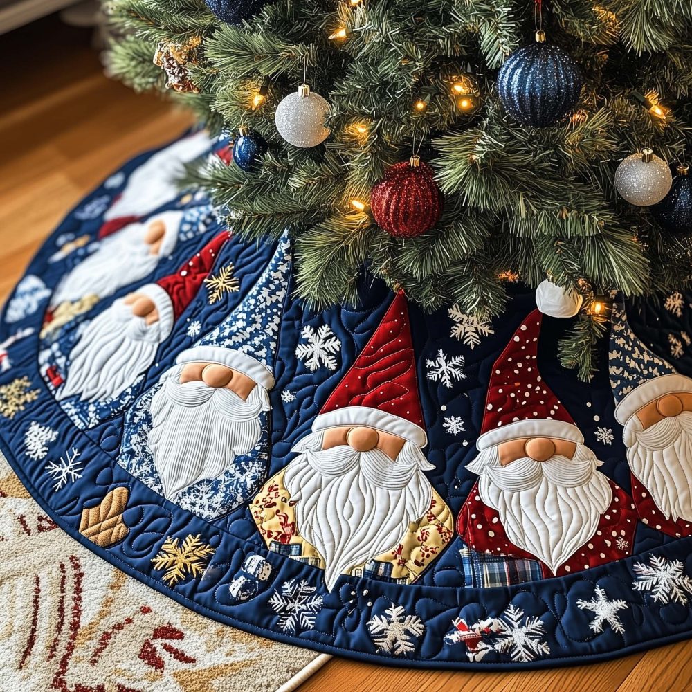Navy Gnome Christmas Tree Skirt With Snowflake Pattern, Handcrafted Holiday Tree Mat, Custom Made To Order