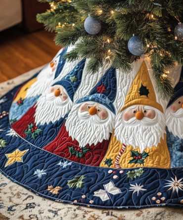 Blue Holiday Tree Skirt With Gnomes And Gold Star Accents, Handcrafted Christmas Skirt, Premium Custom Made To Order