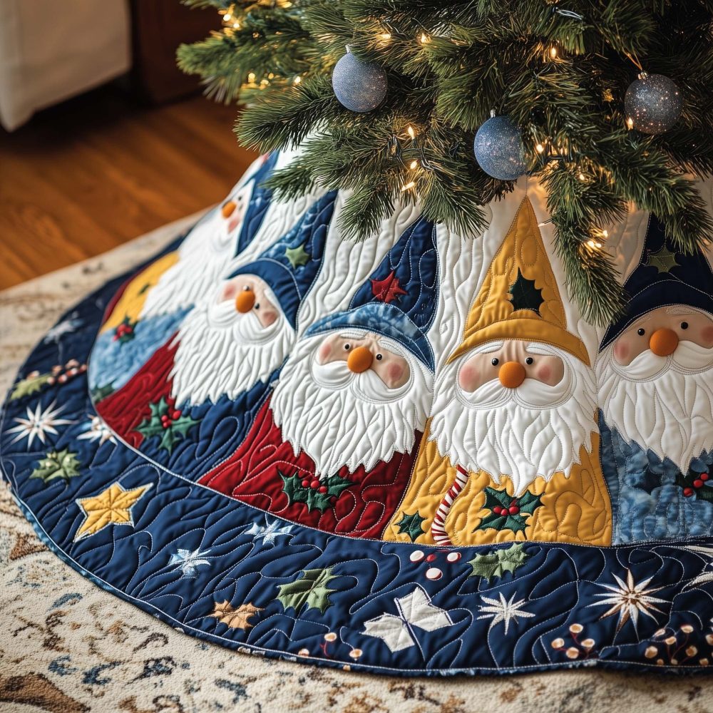 Blue Holiday Tree Skirt With Gnomes And Gold Star Accents, Handcrafted Christmas Skirt, Premium Custom Made To Order