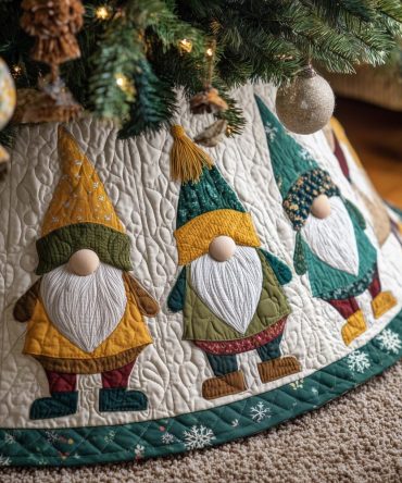 Yellow & Teal Gnome Christmas Tree Skirt With Playful Hat Designs, Custom Handcrafted Holiday Skirt, Made To Order