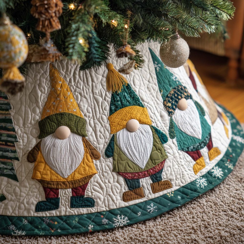 Yellow & Teal Gnome Christmas Tree Skirt With Playful Hat Designs, Custom Handcrafted Holiday Skirt, Made To Order