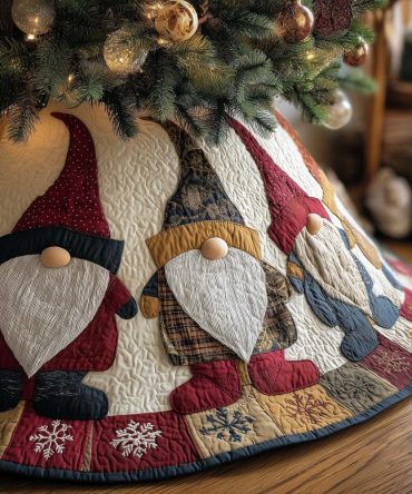 Red And Navy Patchwork Gnome Christmas Tree Skirt With Festive Panels, Custom Handcrafted Holiday Skirt Made To Order