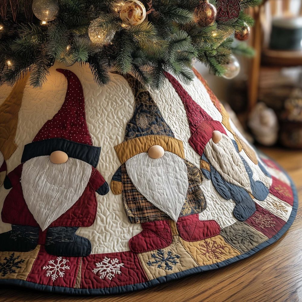 Red And Navy Patchwork Gnome Christmas Tree Skirt With Festive Panels, Custom Handcrafted Holiday Skirt Made To Order