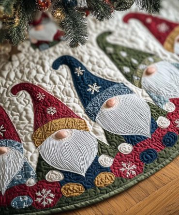 Blue & Red Gnome Christmas Tree Skirt With Snowflake Hat Motif, Handcrafted Festive Skirt, Personalized And Made To Order