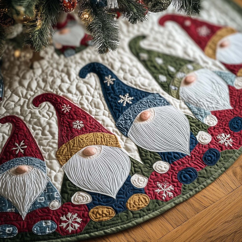 Blue & Red Gnome Christmas Tree Skirt With Snowflake Hat Motif, Handcrafted Festive Skirt, Personalized And Made To Order
