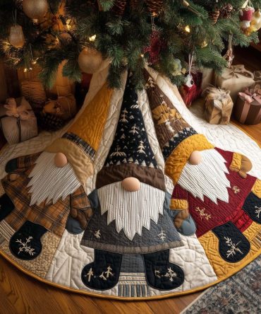 Navy & Gold Bearded Gnome Christmas Tree Skirt, Handcrafted Holiday Floor Skirt With Luxe Detailing, Made To Order