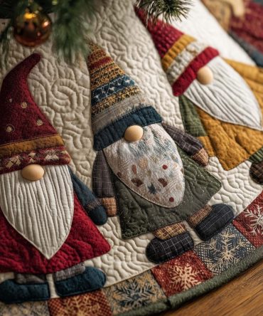 Handcrafted Patchwork Gnome Christmas Tree Skirt In Mustard & Red Robes, Custom Holiday Floor Mat Made To Order