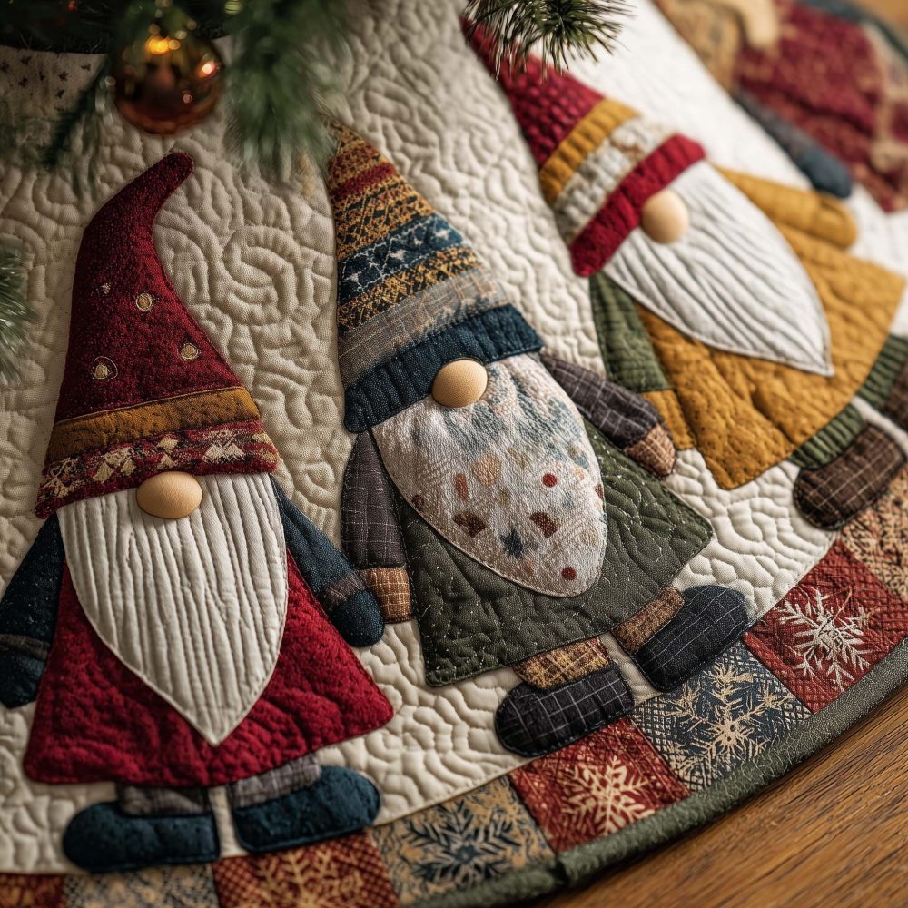 Handcrafted Patchwork Gnome Christmas Tree Skirt In Mustard & Red Robes, Custom Holiday Floor Mat Made To Order