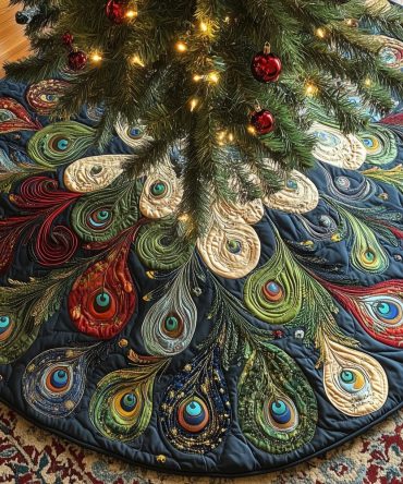 Dark Peacock Feather Christmas Tree Skirt With Ruby Accents, Luxury Holiday Skirt Handcrafted And Made To Order