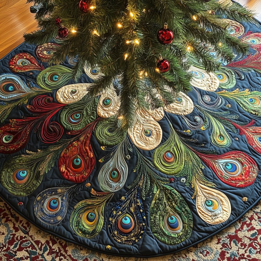 Dark Peacock Feather Christmas Tree Skirt With Ruby Accents, Luxury Holiday Skirt Handcrafted And Made To Order