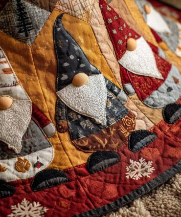 Grey & Gold Gnome Holiday Tree Skirt With Winter Coat Design, Handcrafted Christmas Skirt, Custom Made To Order